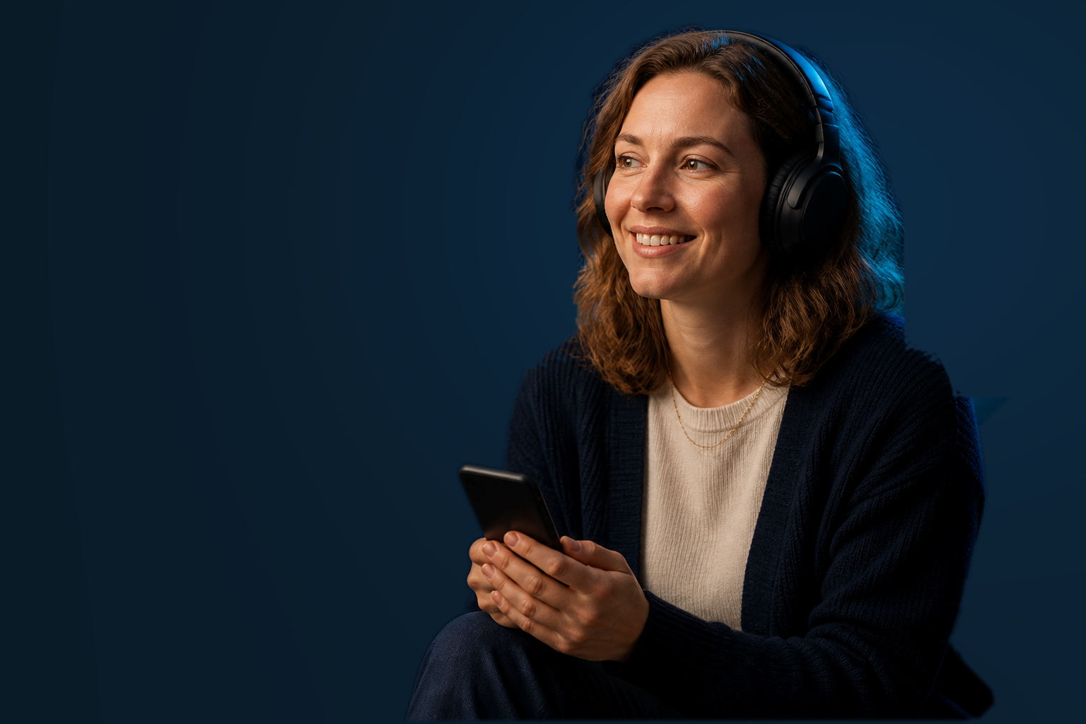 Vrouw luistert met een hoofdtelefoon naar een podcast